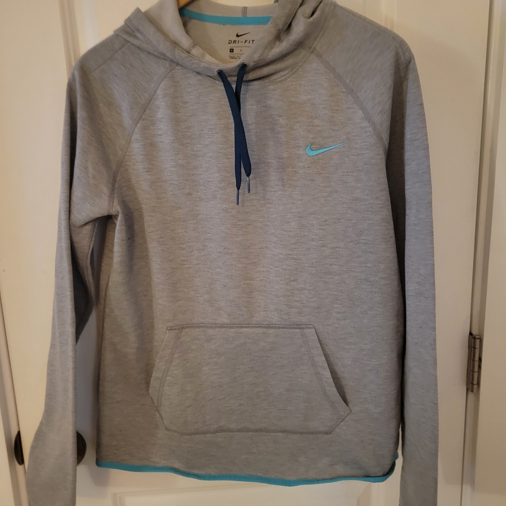 Nike Women’s Light Gray Crewneck Sweater with Teal Swoosh